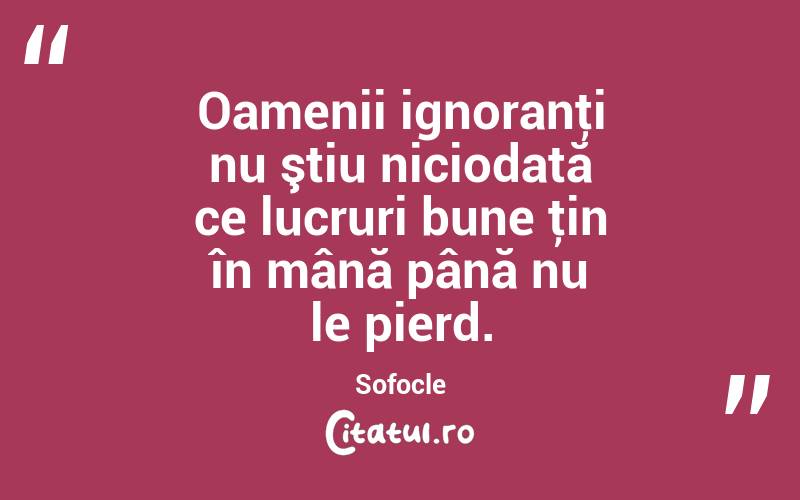 Oamenii ignoranţi nu ştiu niciodată ce lucruri bune ţin în mână până nu le pierd. Sofocle

