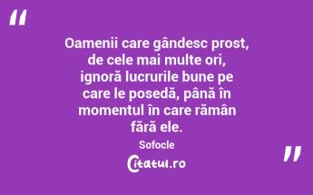 Oamenii care gândesc prost, de cele mai multe ori, ignoră lucrurile bune pe care le posedă, până în momentul în care rămân fără ele. Sofocle...