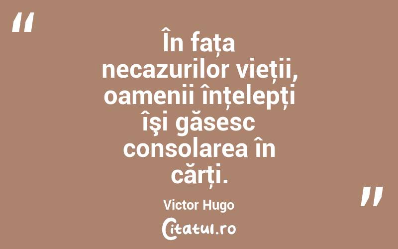 În faţa necazurilor vieţii, oamenii înţelepţi îşi găsesc consolarea în cărţi. Victor Hugo