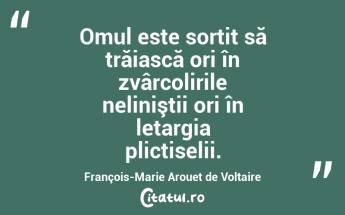 Omul este sortit să trăiască ori în zvârcolirile neliniştii ori în letargia plictiselii. François-Marie Arouet de Voltaire...