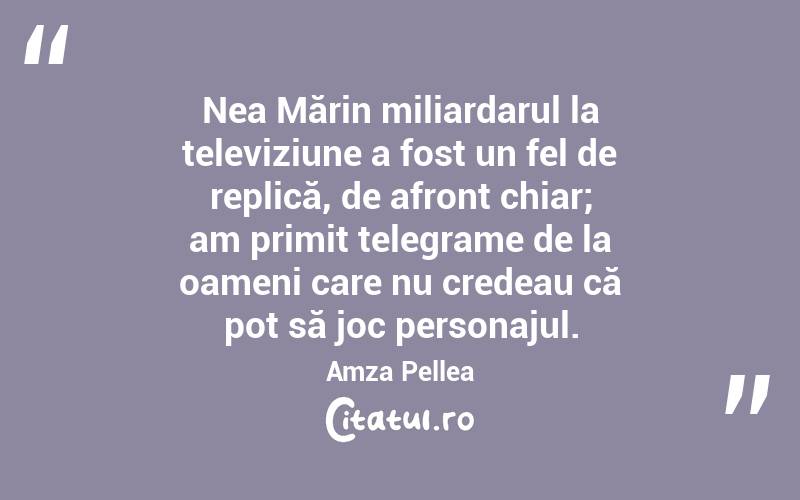 Nea Mărin miliardarul la televiziune a fost un fel de replică, de afront chiar; am primit telegrame de la oameni care nu credeau că pot să joc personajul. Amza Pellea