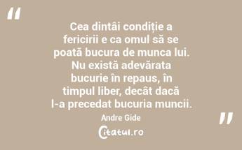 Cea dintâi condiţie a fericirii e ca omul să se poată bucura de munca lui. Nu există adevărata bucurie în repaus, în timpul liber, decât dacă l-a precedat bucuria muncii. Andre Gide...