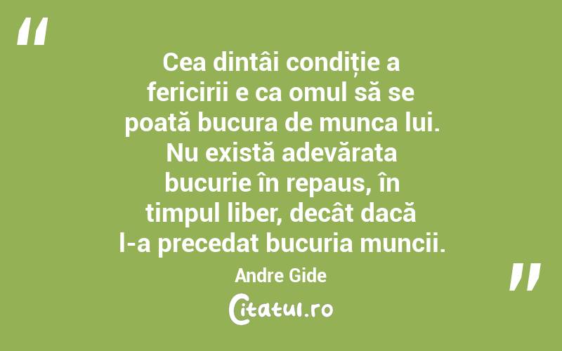 Cea dintâi condiţie a fericirii e ca omul să se poată bucura de munca lui. Nu există adevărata bucurie în repaus, în timpul liber, decât dacă l-a precedat bucuria muncii. Andre Gide