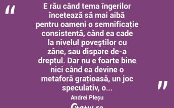  E rău când tema îngerilor încetează să mai aibă pentru oameni o semnificaţie consistentă, când ea cade la nivelul poveştilor cu zâne, sau dispare de-a dreptul. Dar nu e foarte bine nici când ea devine o metaforă graţioasă, un joc speculativ, o... Andrei Pleșu...