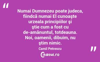 Numai Dumnezeu poate judeca, fiindcă numai El cunoaşte urzeala principiilor şi ştie cum a fost cu de-amănuntul, totdeauna. Noi, oamenii, dibuim, nu ştim nimic. Camil Petrescu...