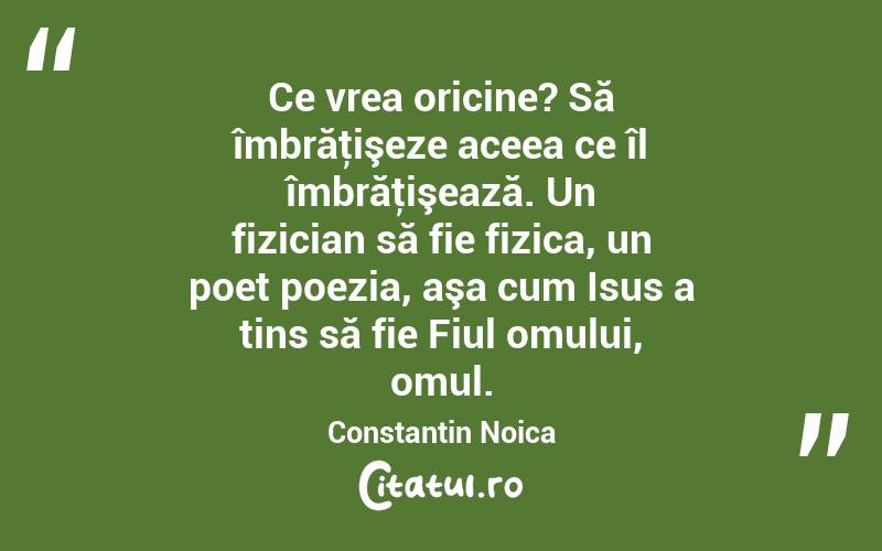 Ce vrea oricine? Să îmbrăţişeze aceea ce îl îmbrăţişează. Un fizician să fie fizica, un poet poezia, aşa cum Isus a tins să fie Fiul omului, omul. Constantin Noica