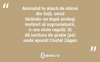 Animalul te atacă de obicei din faţă, omul târându-se după acelaşi instinct al supravieţuirii, n-are nicio regulă: îţi dă lovitura de graţie (pe) unde apucă! Costel Zăgan...