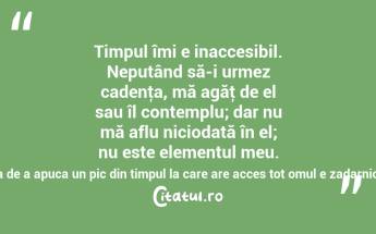 Timpul îmi e inaccesibil. Neputând să-i urmez cadenţa, mă agăţ de el sau îl contemplu; dar nu mă aflu niciodată în el; nu este elementul meu. Neputinţa mea de a apuca un pic din timpul la care are acces tot omul e zadarnică! Emil Cioran...