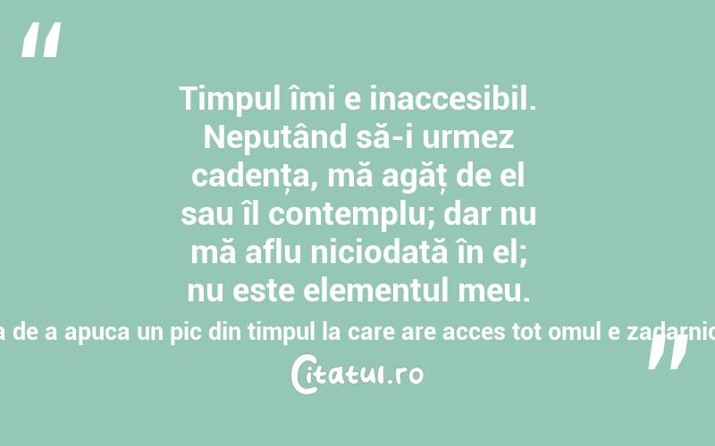 Timpul îmi e inaccesibil. Neputând să-i urmez cadenţa, mă agăţ de el sau îl contemplu; dar nu mă aflu niciodată în el; nu este elementul meu. Neputinţa mea de a apuca un pic din timpul la care are acces tot omul e zadarnică! Emil Cioran
