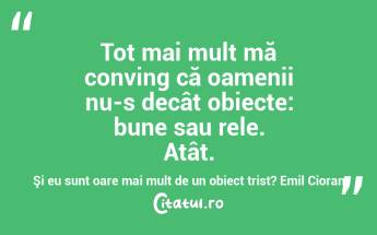 Tot mai mult mă conving că oamenii nu-s decât obiecte: bune sau rele. Atât. Şi eu sunt oare mai mult de un obiect trist? Emil Cioran...