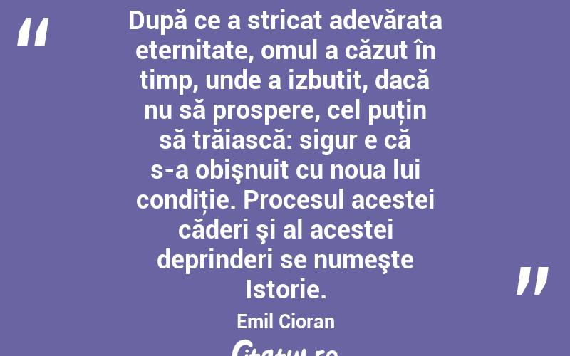 După ce a stricat adevărata eternitate, omul a căzut în timp, unde a izbutit, dacă nu să prospere, cel puţin să trăiască: sigur e că s-a obişnuit cu noua lui condiţie. Procesul acestei căderi şi al acestei deprinderi se numeşte Istorie. Emil Cioran
