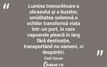 Lumina tremurătoare a obrazului şi a buzelor, umiditatea solemnă a ochilor transformă viaţa într-un port, în care vapoarele pleacă în larg fără destinaţie, transportând nu oameni, ci despărţiri. Emil Cioran...
