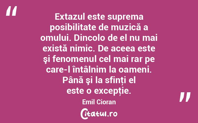 Extazul este suprema posibilitate de muzică a omului. Dincolo de el nu mai există nimic. De aceea este şi fenomenul cel mai rar pe care-l întâlnim la oameni. Până şi la sfinţi el este o excepţie. Emil Cioran
