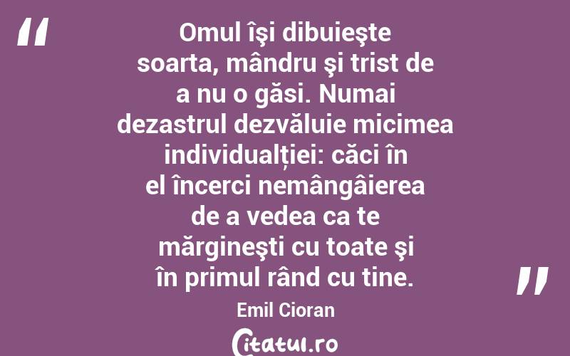 Omul îşi dibuieşte soarta, mândru şi trist de a nu o găsi. Numai dezastrul dezvăluie micimea individualţiei: căci în el încerci nemângâierea de a vedea ca te mărgineşti cu toate şi în primul rând cu tine. Emil Cioran