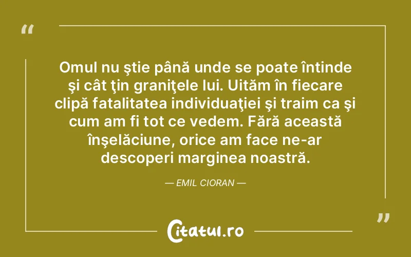 Omul nu ştie până unde se poate întinde şi cât ţin graniţele lui. Uităm în fiecare clipă fatalitatea individuaţiei şi traim ca şi cum am fi tot ce vedem. Fără această înşelăciune, orice am face ne-ar descoperi marginea noastră. Emil Cioran