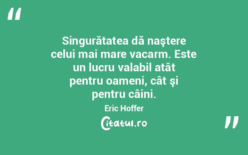 Singurătatea dă naştere celui mai mare vacarm. Este un lucru valabil atât pentru oameni, cât şi pentru câini. Eric Hoffer
