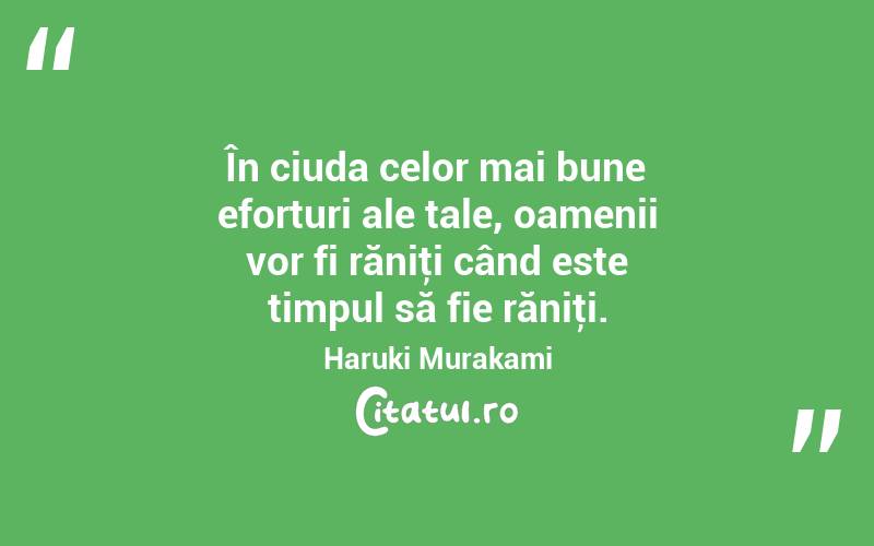  În ciuda celor mai bune eforturi ale tale, oamenii vor fi răniţi când este timpul să fie răniţi. Haruki Murakami
