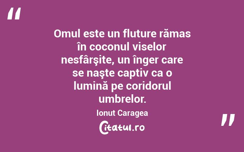 Omul este un fluture rămas în coconul viselor nesfârşite, un înger care se naşte captiv ca o lumină pe coridorul umbrelor. Ionuț Caragea
