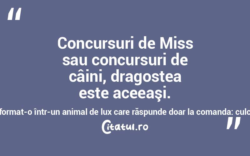 Concursuri de Miss sau concursuri de câini, dragostea este aceeaşi. Oamenii au transformat-o într-un animal de lux care răspunde doar la comanda: culcat! Ionuț Caragea
