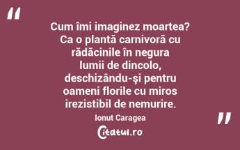 Cum îmi imaginez moartea? Ca o plantă carnivoră cu rădăcinile în negura lumii de dincolo, deschizându-şi pentru oameni florile cu miros irezistibil de nemurire. Ionuț Caragea...