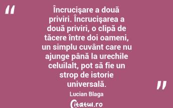  Încrucişare a două priviri. Încrucişarea a două priviri, o clipă de tăcere între doi oameni, un simplu cuvânt care nu ajunge până la urechile celuilalt, pot să fie un strop de istorie universală. Lucian Blaga...