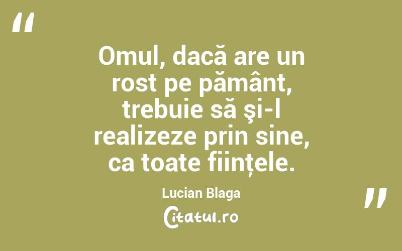  Omul, dacă are un rost pe pământ, trebuie să şi-l realizeze prin sine, ca toate fiinţele. Lucian Blaga
