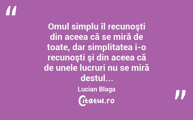 Omul simplu îl recunoşti din aceea că se miră de toate, dar simplitatea i-o recunoşti şi din aceea că de unele lucruri nu se miră destul... Lucian Blaga
