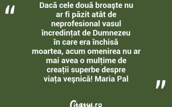 Dacă cele două broaşte nu ar fi păzit atât de neprofesional vasul încredinţat de Dumnezeu în care era închisă moartea, acum omenirea nu ar mai avea o mulţime de creaţii superbe despre viaţa veşnică! Maria Pal...