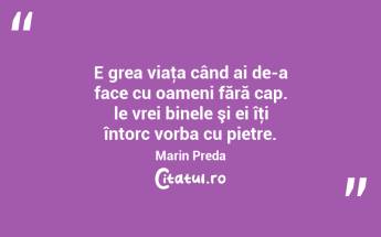 E grea viaţa când ai de-a face cu oameni fără cap. le vrei binele şi ei îţi întorc vorba cu pietre. Marin Preda...