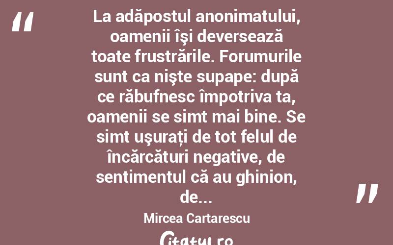 La adăpostul anonimatului, oamenii îşi deversează toate frustrările. Forumurile sunt ca nişte supape: după ce răbufnesc împotriva ta, oamenii se simt mai bine. Se simt uşuraţi de tot felul de încărcături negative, de sentimentul că au ghinion, de... Mircea Cartarescu
