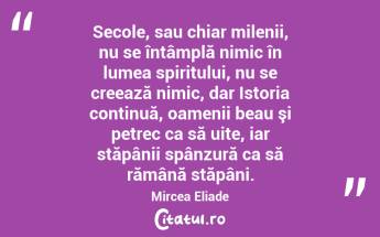 Secole, sau chiar milenii, nu se întâmplă nimic în lumea spiritului, nu se creează nimic, dar Istoria continuă, oamenii beau şi petrec ca să uite, iar stăpânii spânzură ca să rămână stăpâni. Mircea Eliade...