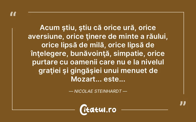 Acum ştiu, ştiu că orice ură, orice aversiune, orice ţinere de minte a răului, orice lipsă de milă, orice lipsă de înţelegere, bunăvoinţă, simpatie, orice purtare cu oamenii care nu e la nivelul graţiei şi gingăşiei unui menuet de Mozart... este... Nicolae Steinhardt