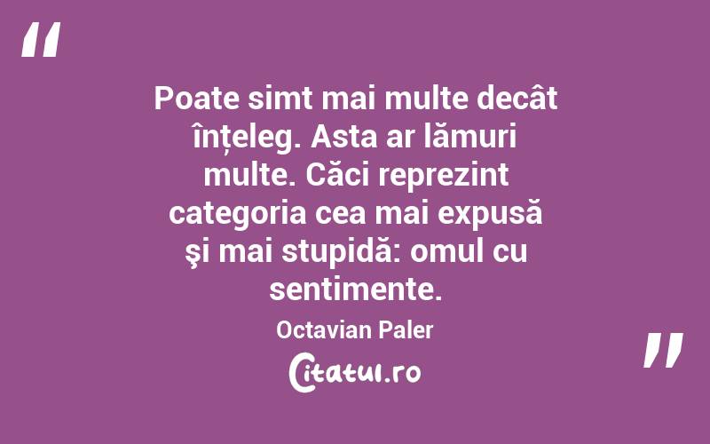 Poate simt mai multe decât înţeleg. Asta ar lămuri multe. Căci reprezint categoria cea mai expusă şi mai stupidă: omul cu sentimente. Octavian Paler
