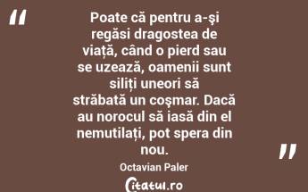 Poate că pentru a-şi regăsi dragostea de viaţă, când o pierd sau se uzează, oamenii sunt siliţi uneori să străbată un coşmar. Dacă au norocul să iasă din el nemutilaţi, pot spera din nou. Octavian Paler...