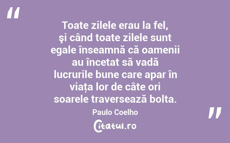 Toate zilele erau la fel, şi când toate zilele sunt egale înseamnă că oamenii au încetat să vadă lucrurile bune care apar în viaţa lor de câte ori soarele traversează bolta. Paulo Coelho
