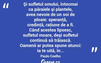  Şi sufletul omului, întocmai ca pâraiele şi plantele, avea nevoie de un soi de ploaie: speranţă, credinţă, raţiune de a fi. Când acestea lipsesc, sufletul moare, deşi sufletul continuă să trăiască. Oamenii ar putea spune atunci: Ia te uită, în... Paulo Coelho...