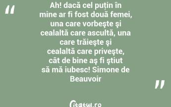 Ah! dacă cel puţin în mine ar fi fost două femei, una care vorbeşte şi cealaltă care ascultă, una care trăieşte şi cealaltă care priveşte, cât de bine aş fi ştiut să mă iubesc! Simone de Beauvoir...