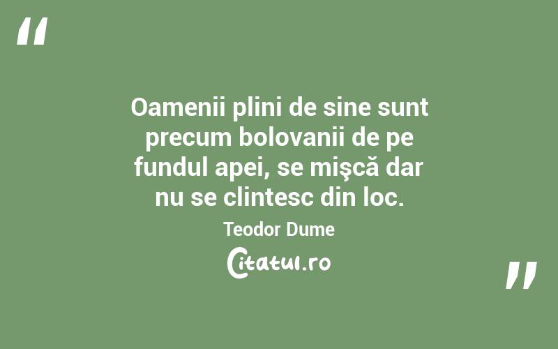 Oamenii plini de sine sunt precum bolovanii de pe fundul apei, se mişcă dar nu se clintesc din loc. Teodor Dume