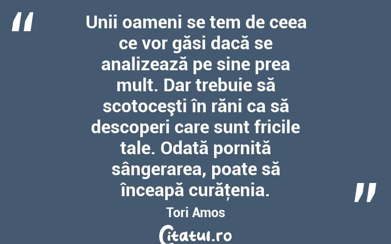 Unii oameni se tem de ceea ce vor găsi dacă se analizează pe sine prea mult. Dar trebuie să scotoceşti în răni ca să descoperi care sunt fricile tale. Odată pornită sângerarea, poate să înceapă curăţenia. Tori Amos
