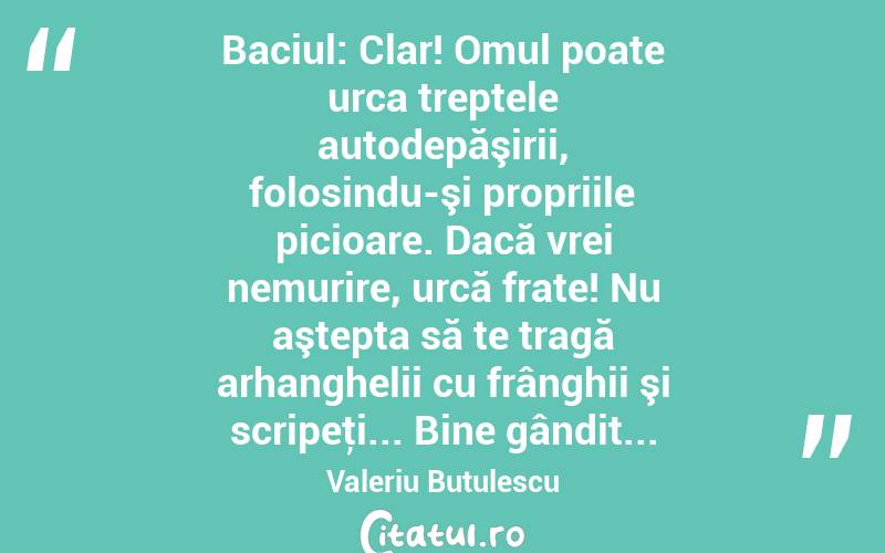 Baciul: Clar! Omul poate urca treptele autodepăşirii, folosindu-şi propriile picioare. Dacă vrei nemurire, urcă frate! Nu aştepta să te tragă arhanghelii cu frânghii şi scripeţi... Bine gândit... Valeriu Butulescu
