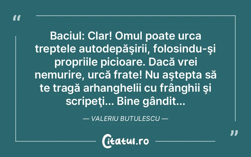 Baciul: Clar! Omul poate urca treptele autodepăşirii, folosindu-şi propriile picioare. Dacă vrei nemurire, urcă frate! Nu aştepta să te tragă arhanghelii cu frânghii şi scripeţi... Bine gândit... Valeriu Butulescu