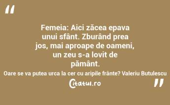 Femeia: Aici zăcea epava unui sfânt. Zburând prea jos, mai aproape de oameni, un zeu s-a lovit de pământ. Oare se va putea urca la cer cu aripile frânte? Valeriu Butulescu...