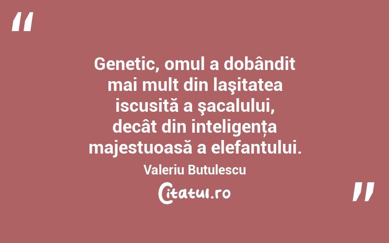 Genetic, omul a dobândit mai mult din laşitatea iscusită a şacalului, decât din inteligenţa majestuoasă a elefantului. Valeriu Butulescu