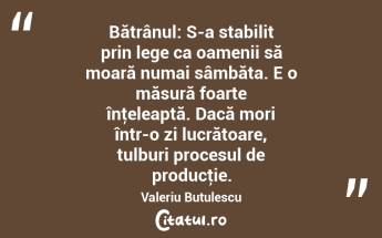 Bătrânul: S-a stabilit prin lege ca oamenii să moară numai sâmbăta. E o măsură foarte înţeleaptă. Dacă mori într-o zi lucrătoare, tulburi procesul de producţie. Valeriu Butulescu...