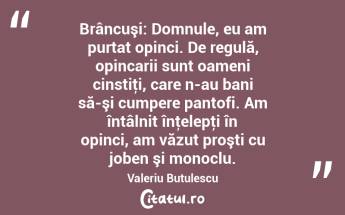 Brâncuşi: Domnule, eu am purtat opinci. De regulă, opincarii sunt oameni cinstiţi, care n-au bani să-şi cumpere pantofi. Am întâlnit înţelepţi în opinci, am văzut proşti cu joben şi monoclu. Valeriu Butulescu...