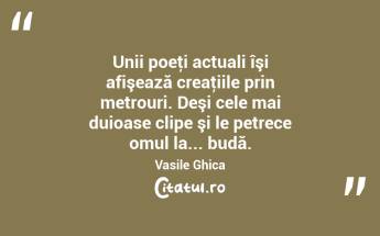 Unii poeţi actuali îşi afişează creaţiile prin metrouri. Deşi cele mai duioase clipe şi le petrece omul la... budă. Vasile Ghica...