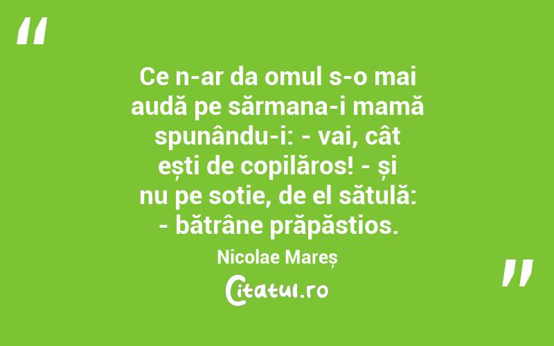 Ce n-ar da omul s-o mai audă pe sărmana-i mamă spunându-i: - vai, cât ești de copilăros! - și nu pe soție, de el sătulă: - bătrâne prăpăstios. Nicolae Mareș
