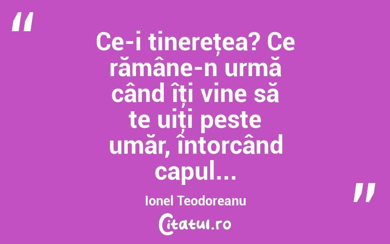 Ce-i tinereţea? Ce rămâne-n urmă când îţi vine să te uiţi peste umăr, întorcând capul... Ionel Teodoreanu