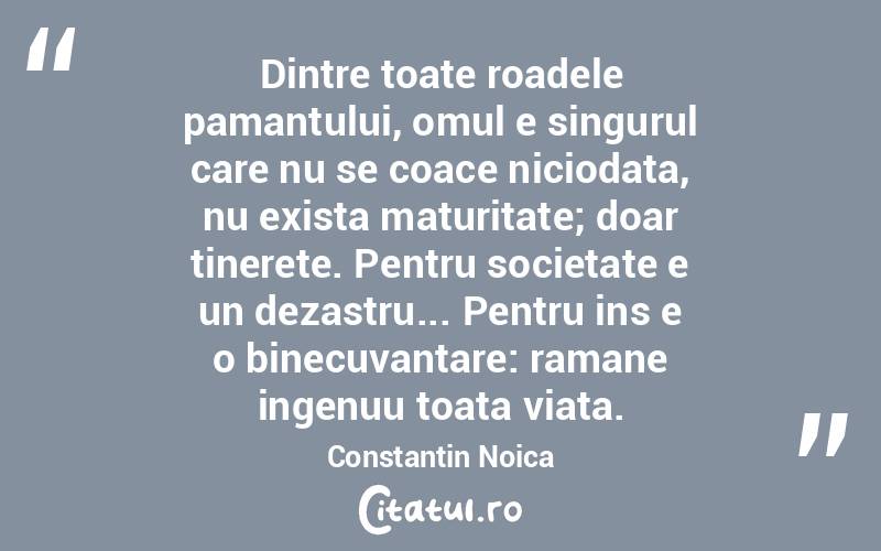Dintre toate roadele pamantului, omul e singurul care nu se coace niciodata, nu exista maturitate; doar tinerete. Pentru societate e un dezastru... Pentru ins e o binecuvantare: ramane ingenuu toata viata. Constantin Noica
