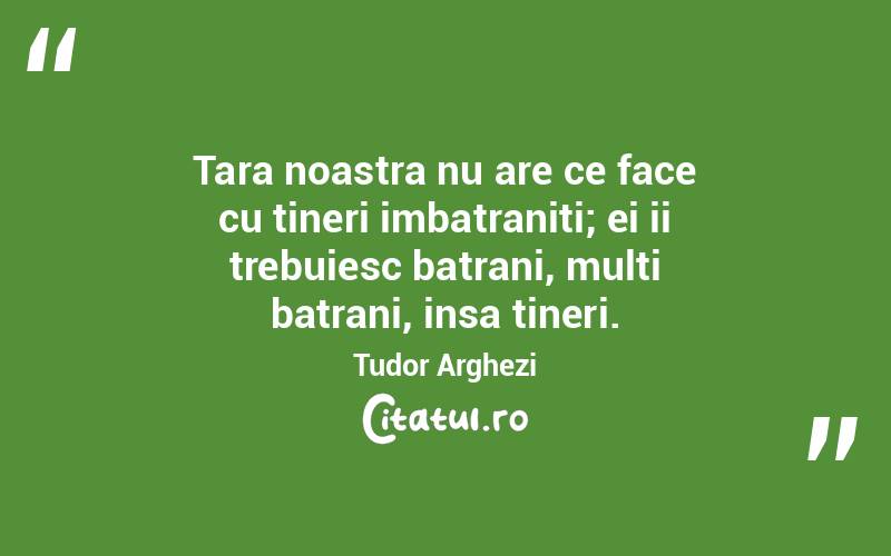 Tara noastra nu are ce face cu tineri imbatraniti; ei ii trebuiesc batrani, multi batrani, insa tineri. Tudor Arghezi
